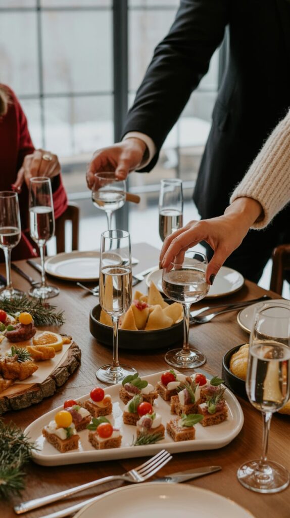 winter dinner table with appetizers and drinks, guests enjoying a cozy evening together