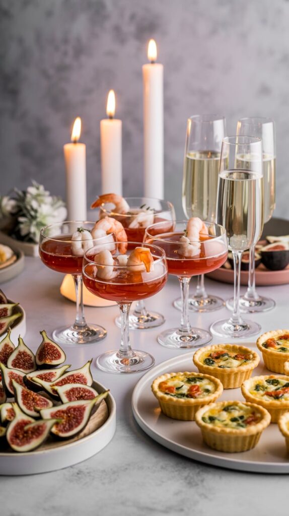 Elegant winter party appetizers displayed on white platters — shrimp shooters, flatbreads, and mini quiches under candlelight.