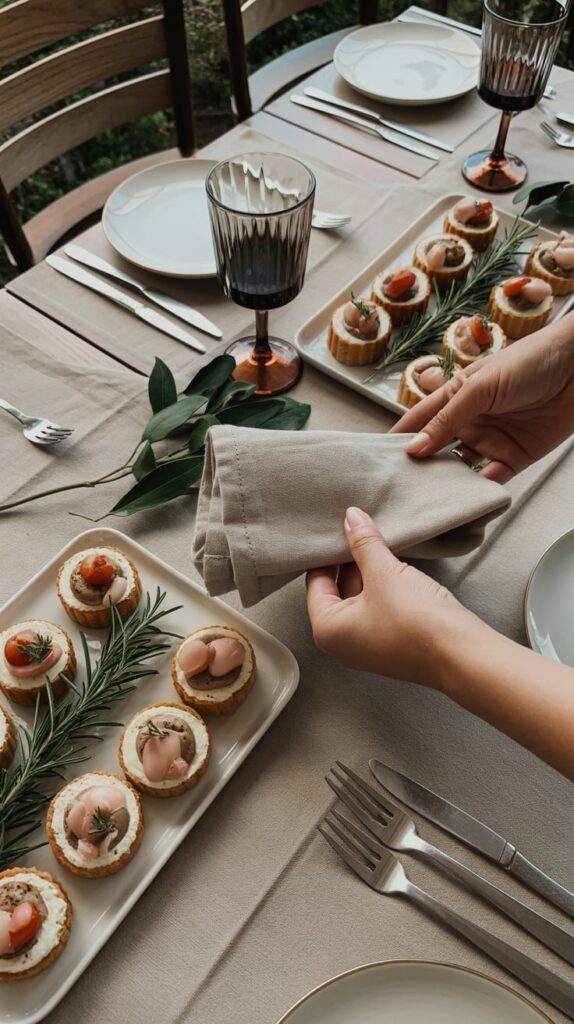 Host arranging winter appetizers and table décor with rosemary sprigs, candles, and linen napkins