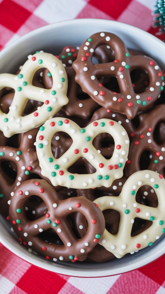 Bowl filled with chocolate-covered pretzels decorated with red, green, and white holiday sprinkles, sitting on a red and white checkered tablecloth.