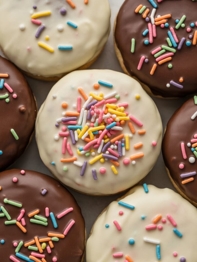 Assorted donuts topped with chocolate and vanilla glaze and decorated with colorful rainbow sprinkles, arranged closely together for a fun and festive look.