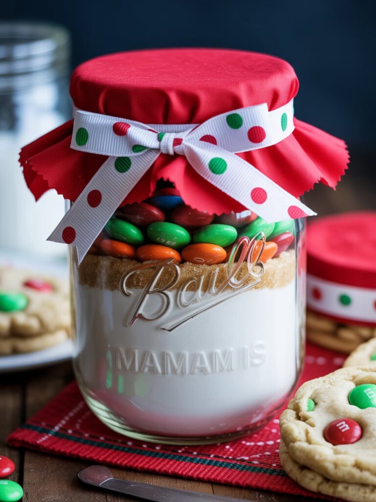 Layered cookie mix in a mason jar topped with red fabric and a white ribbon with green and red polka dots, filled with flour, brown sugar, and red and green M&M candies, styled on a wooden table with Christmas cookies in the background.