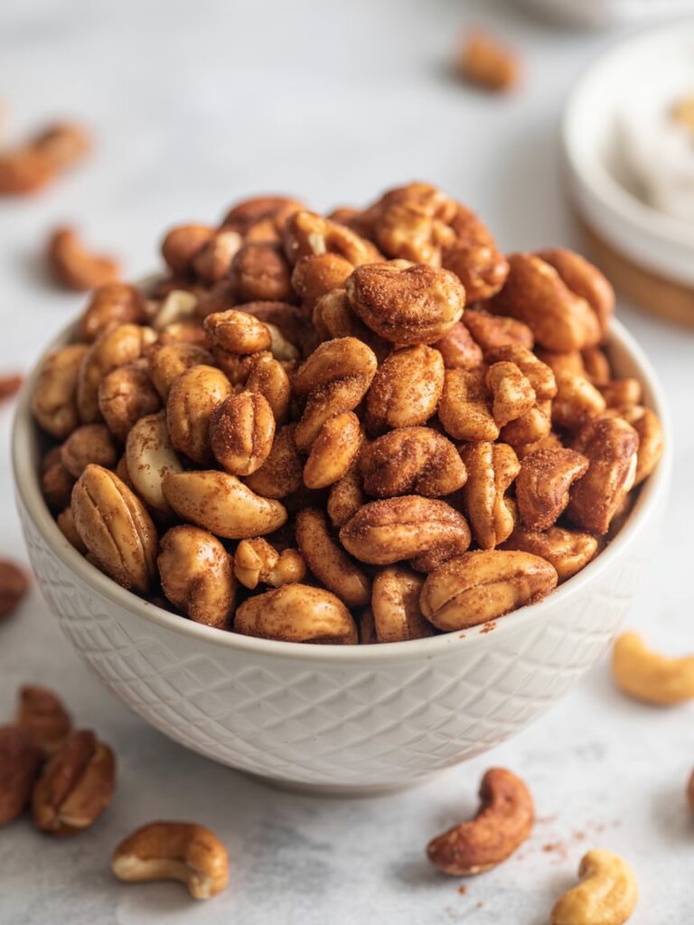 Bowl filled with roasted mixed nuts coated in cinnamon sugar seasoning, creating a warm and crunchy holiday snack, with scattered nuts on a light marble surface.