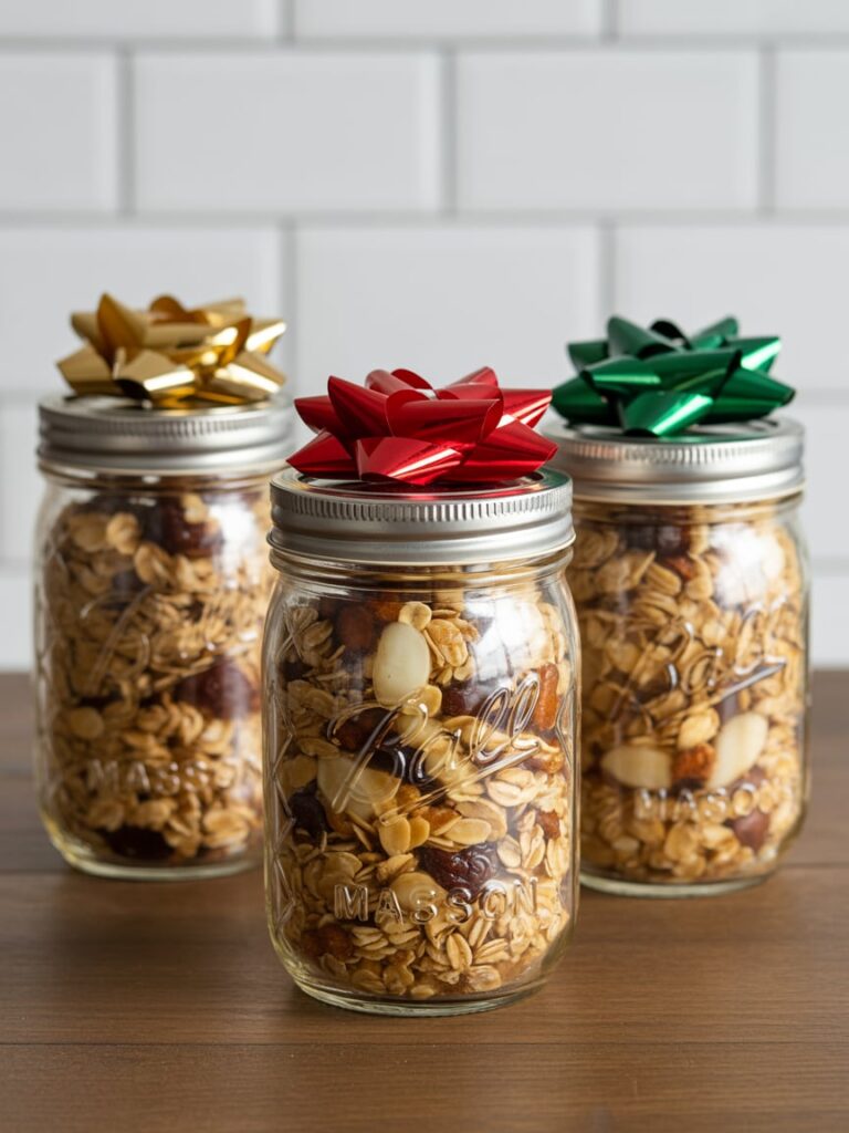 Three mason jars filled with homemade granola made of oats, nuts, and dried fruit, each topped with a festive holiday bow in gold, red, and green, displayed on a wooden table.
