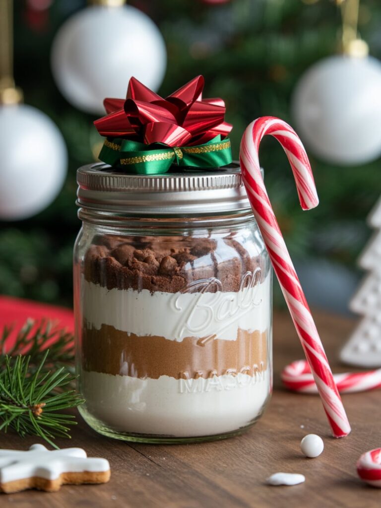 Layered hot chocolate mix in a mason jar topped with a red and green holiday bow and a candy cane, placed on a wooden table with Christmas decorations and a blurred tree in the background.