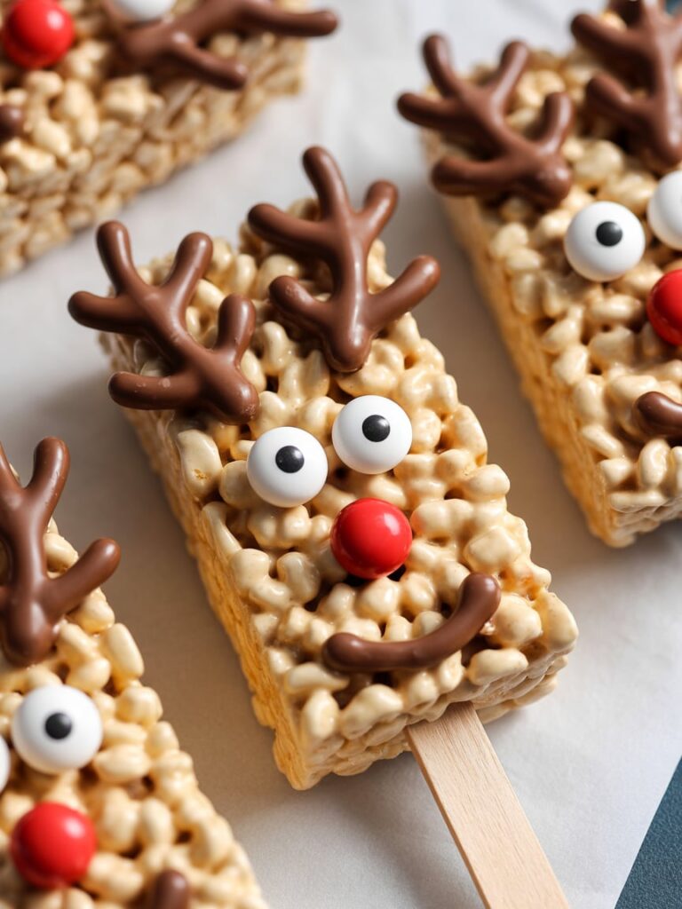 Cute reindeer Rice Krispies treats on sticks, decorated with candy eyes, red candy noses, and chocolate antlers, arranged on parchment paper for a festive holiday dessert.