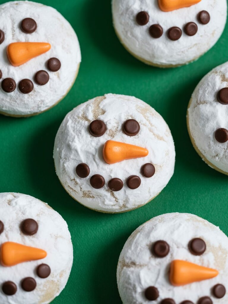 Snowman cookies decorated with powdered sugar, chocolate chip eyes and smiles, and orange frosting noses, arranged on a bright red background for a festive holiday display.