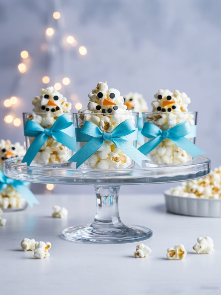 Snowman-themed popcorn cups decorated with candy eyes and orange noses, wrapped with light blue ribbons, displayed on a glass cake stand with twinkle lights in the background.
