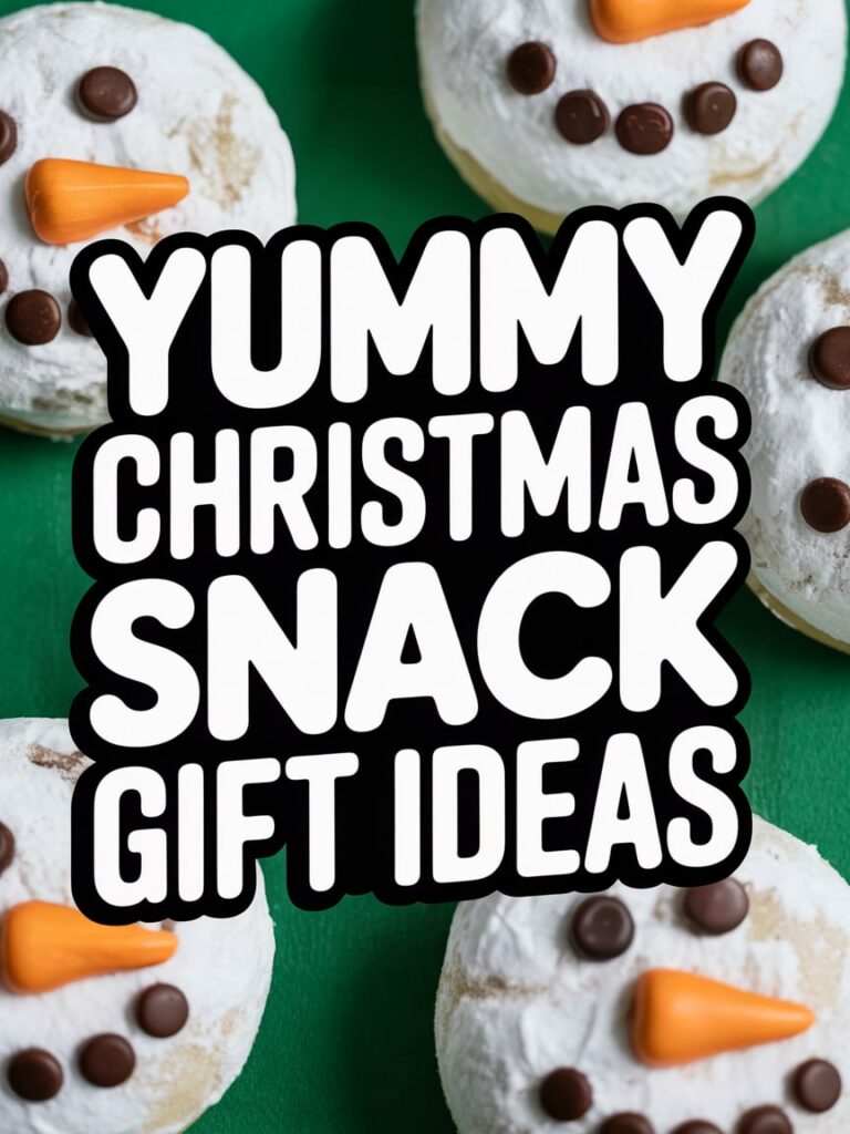 Festive flat lay of snowman cookies with powdered sugar faces and orange frosting noses on a green background, featuring bold white overlay text that reads “Yummy Christmas Snack Gift Ideas.”