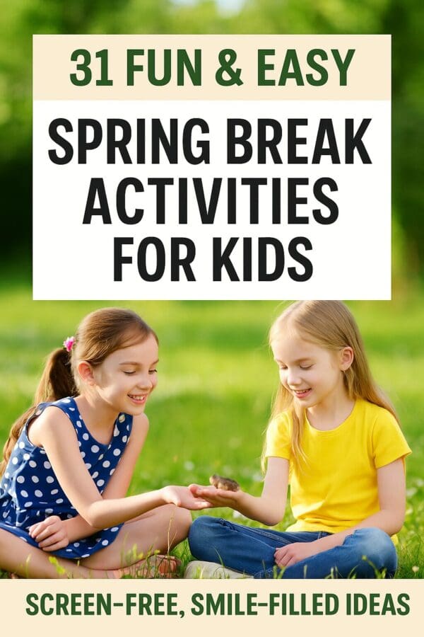 A Pinterest pin titled “31 Fun & Easy Spring Break Activities for Kids” featuring two smiling young girls sitting in a grassy garden. One girl in a navy polka dot dress and the other in a yellow shirt are joyfully holding a small object together. The background is lush and green, capturing a playful and sunny spring atmosphere. Bold text overlays highlight that the ideas are screen-free and smile-filled.