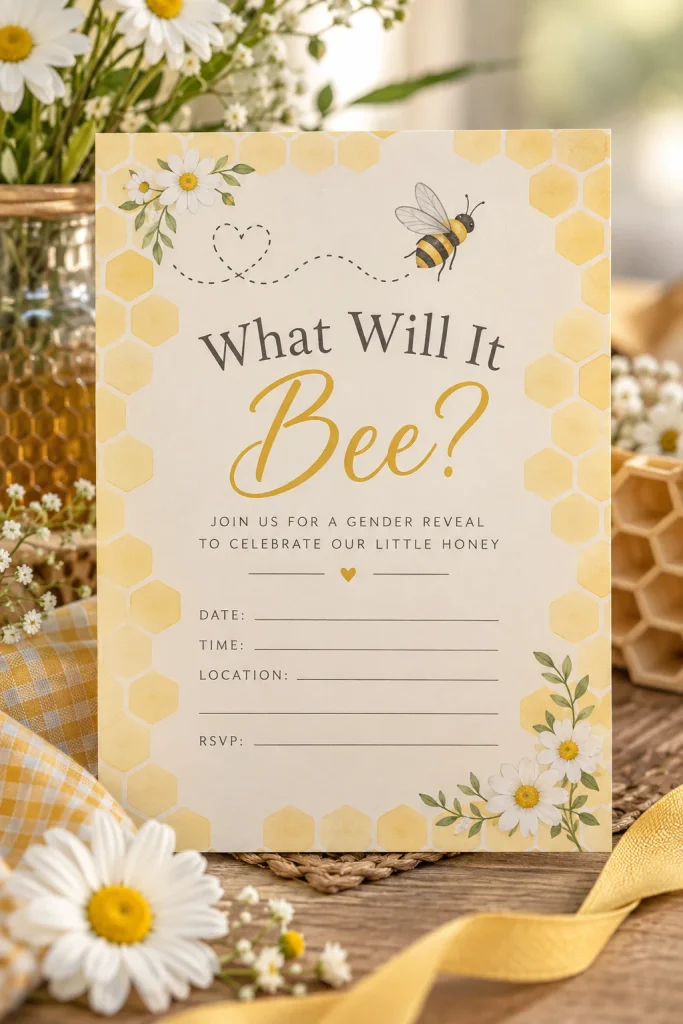 Cream "What Will It Bee?" gender reveal invitation with a honeycomb border and bee illustration