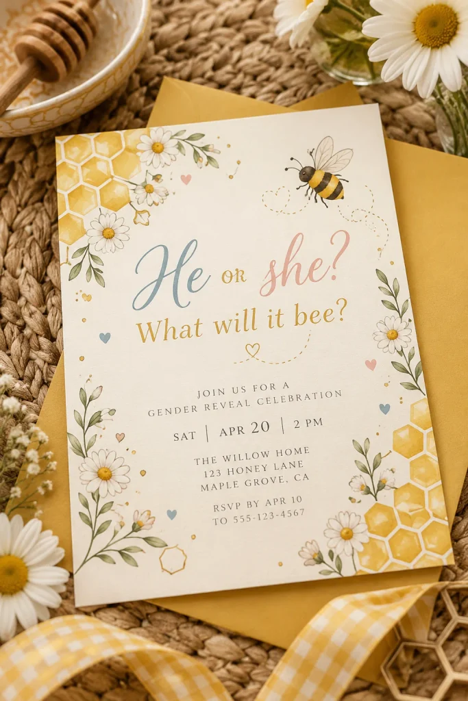 Pink and blue "Bee or She? What Will It Bee?" gender reveal invitation