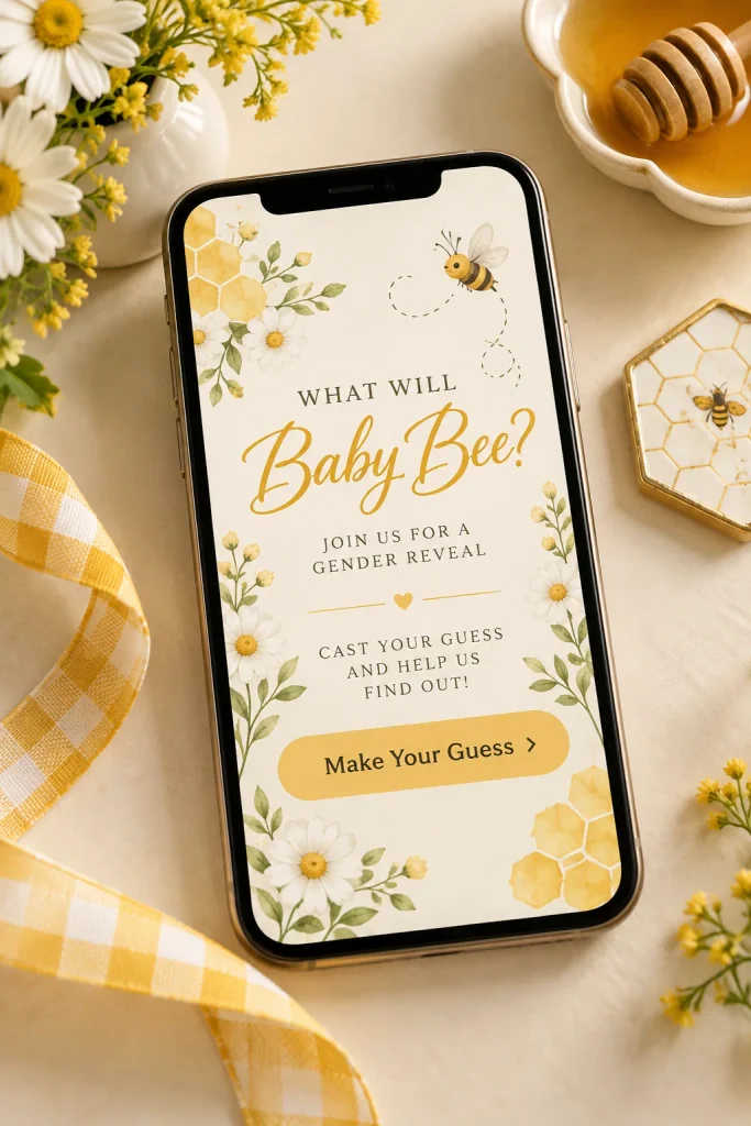 Phone screen showing a digital honeycomb-themed gender reveal invitation with a guessing link
