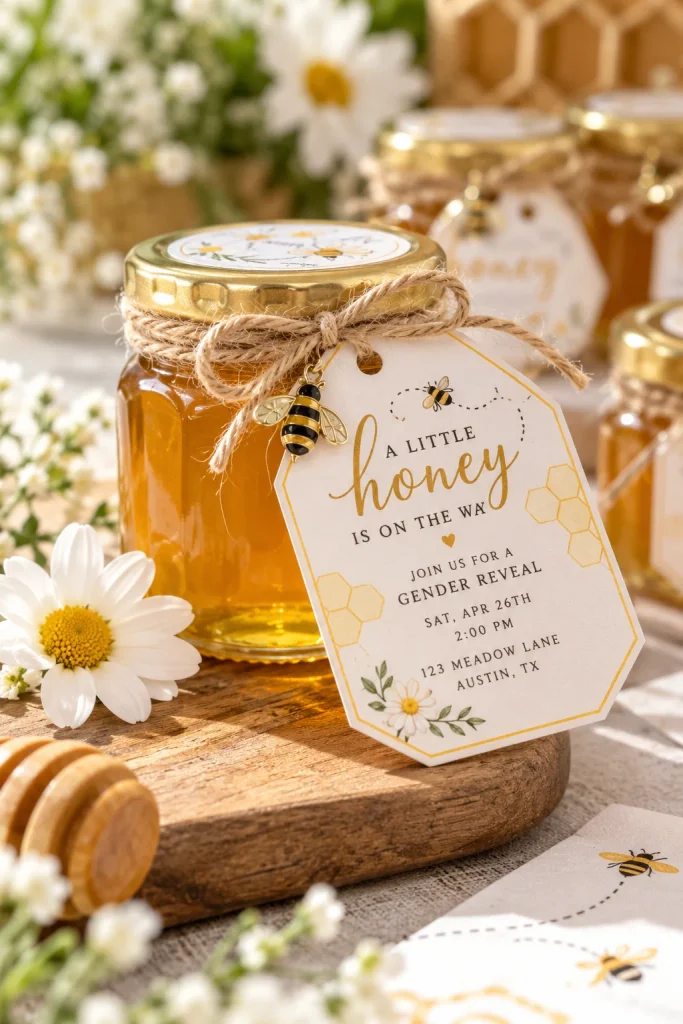 Printed gender reveal invitation tied to a miniature honey jar with twine