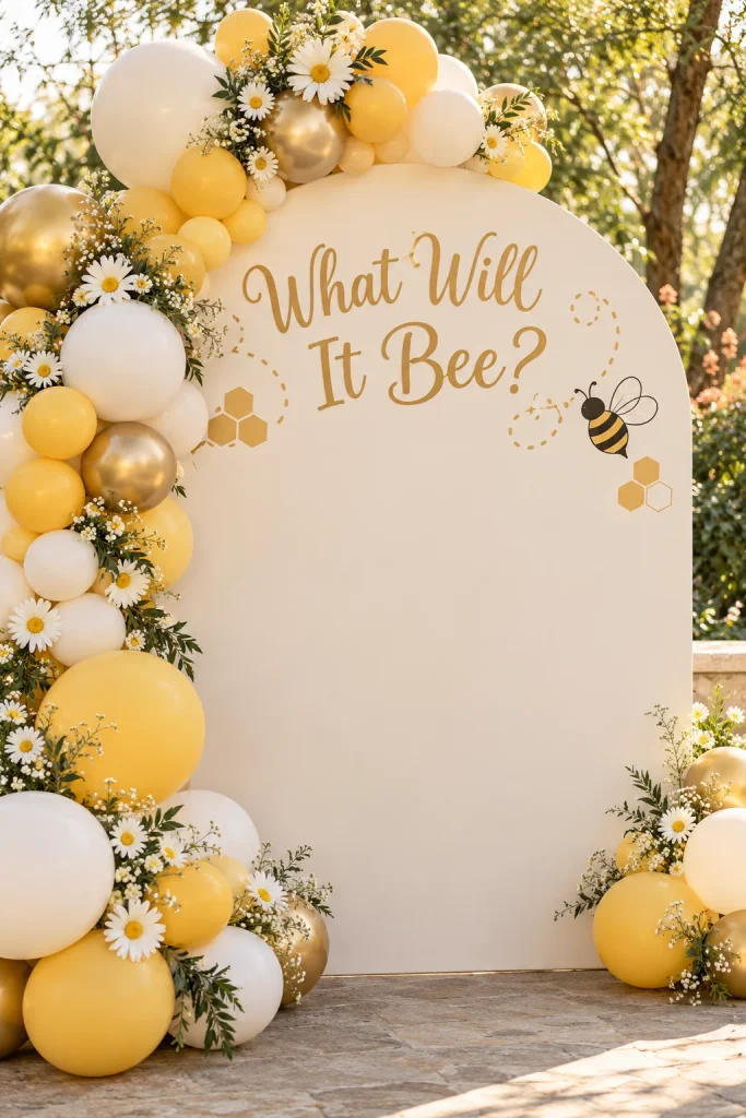Ivory arched "What Will It Bee?" backdrop with cream and honey gold balloons