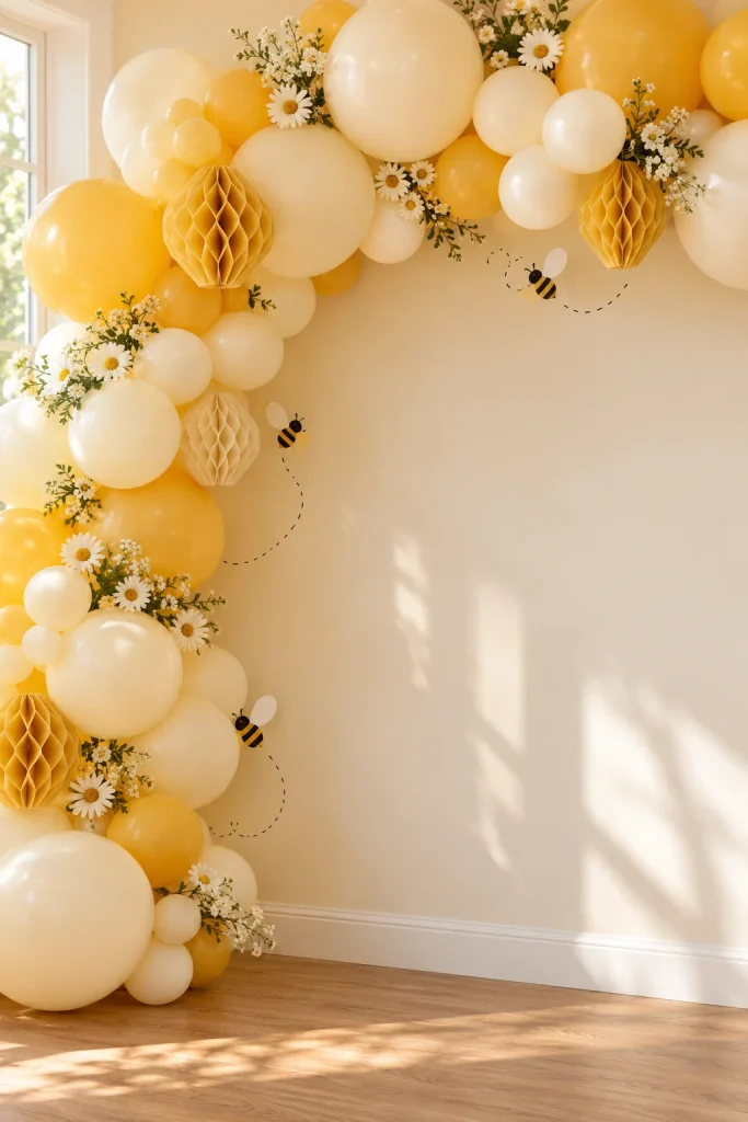 Honeycomb balloon garland in cream and honey yellow with hexagon paper cutouts