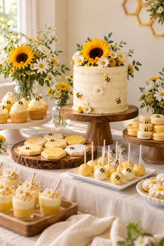 Dessert table styled with sunflowers, white daisies, and a honeycomb table runner