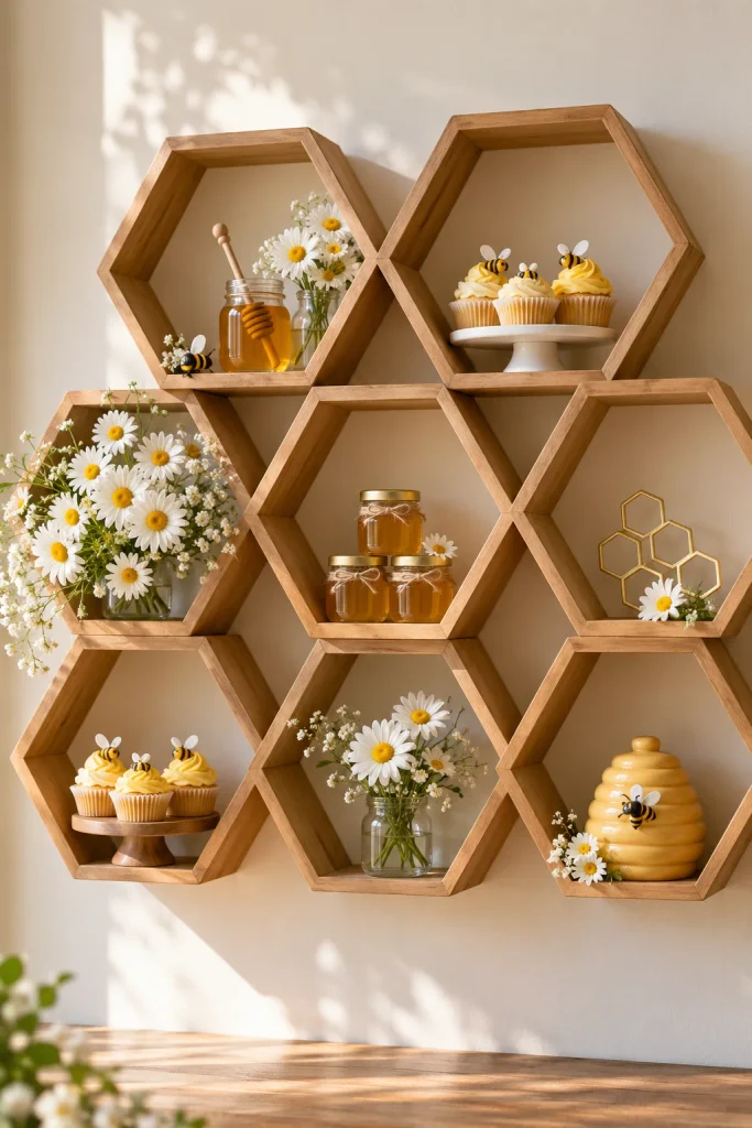 Hexagonal wooden honeycomb shelves displaying cupcakes and a "What Will It Bee?" sign