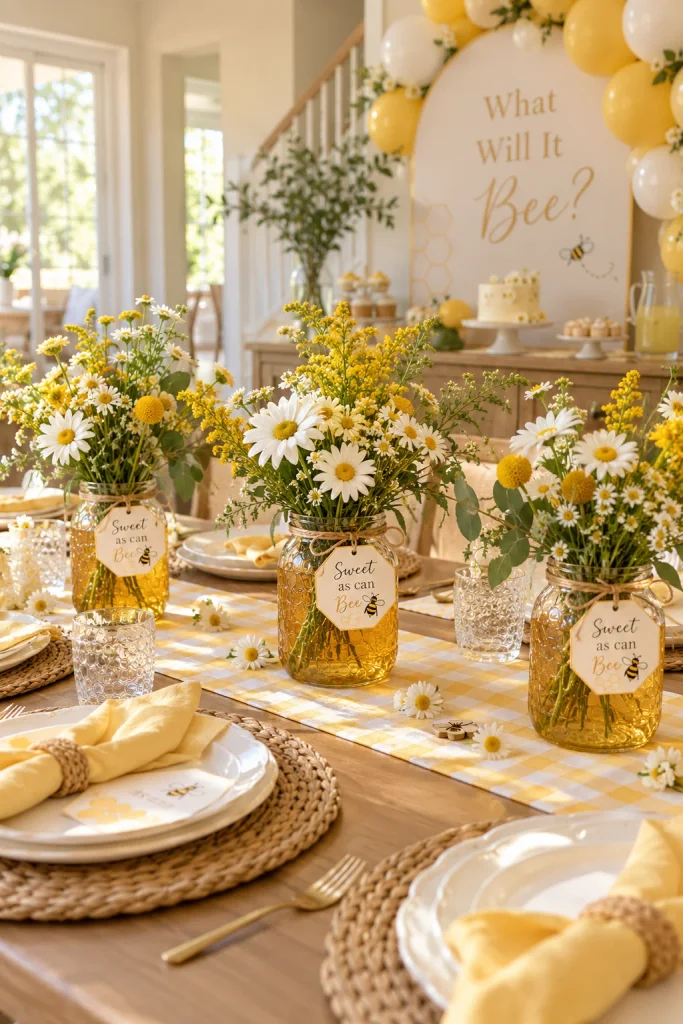 Honey jar centerpieces filled with yellow and white flowers and "Sweet as can bee" tags