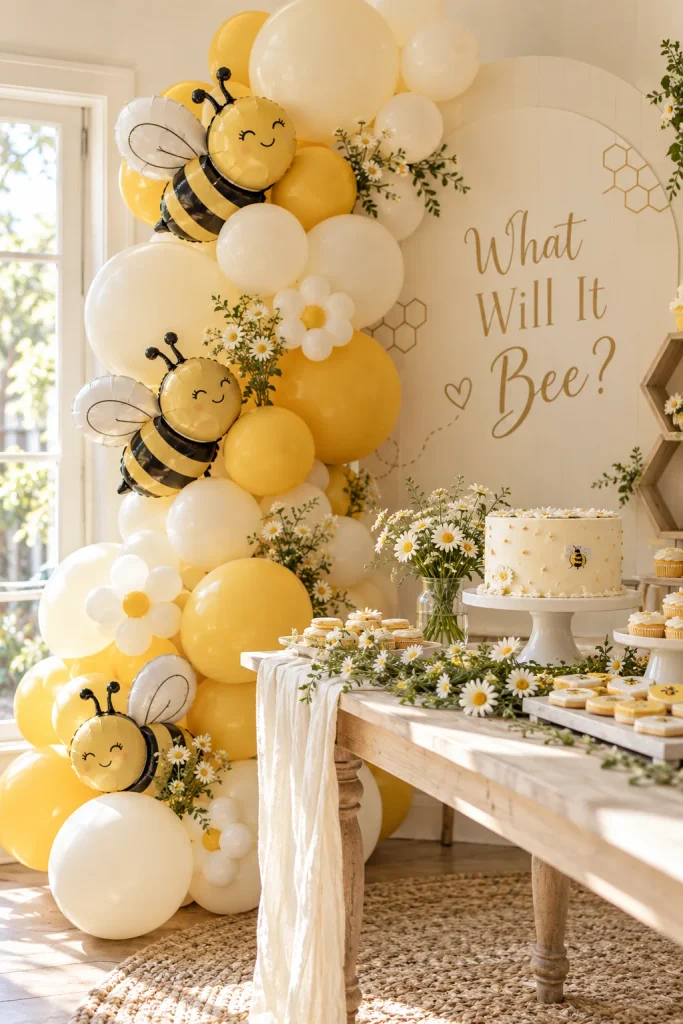 Small bee balloons tucked into a cream and gold balloon cluster