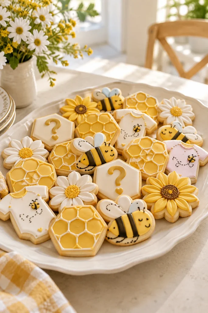 Yellow and cream bee-themed cake with fondant honeycomb, sliced open to reveal the gender reveal color