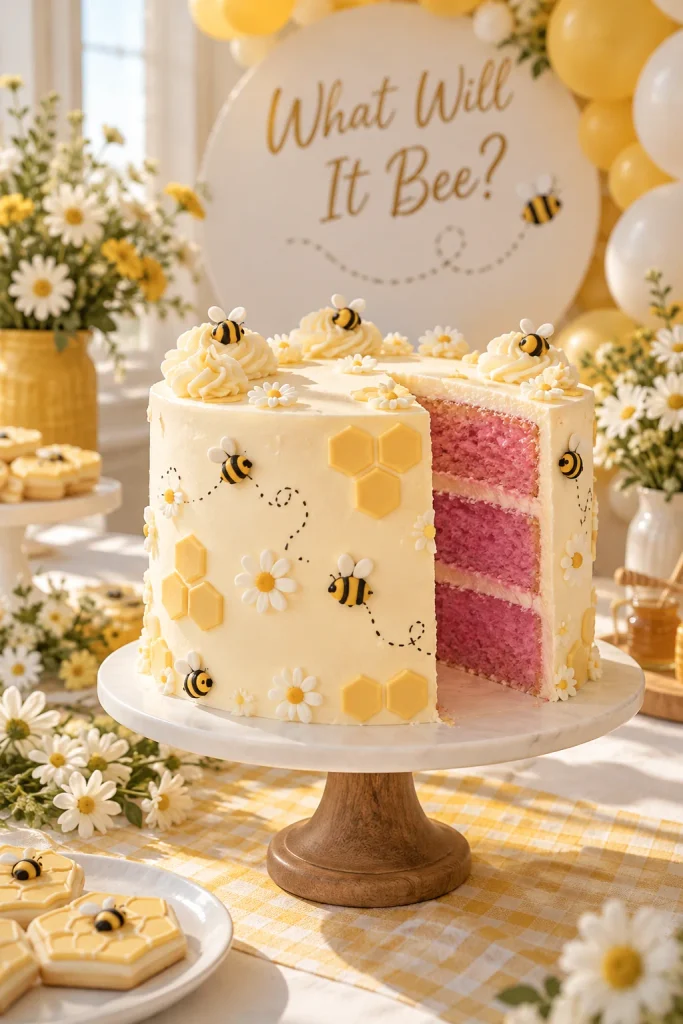 Decorated honeycomb, bee, and sunflower sugar cookies on a dessert tray