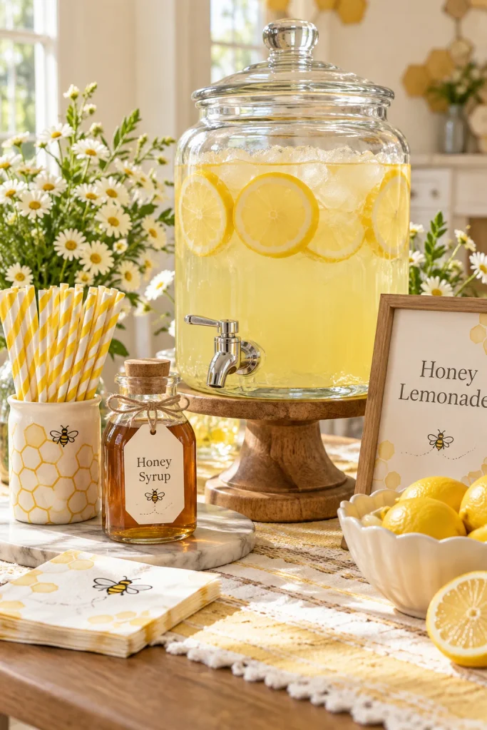 Large glass jar filled with honeycomb-shaped cereal snack mix and a scoop