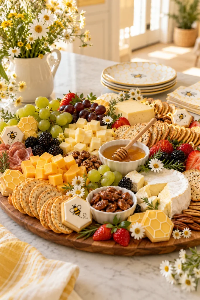 Bee-themed grazing board with cheese, crackers, grapes, and honeycomb cookies