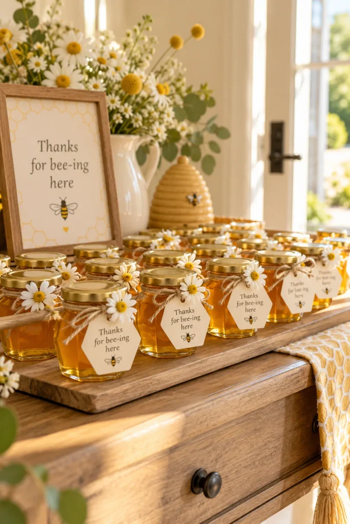 Small sealed honey jar party favors tagged "Thanks for bee-ing here"