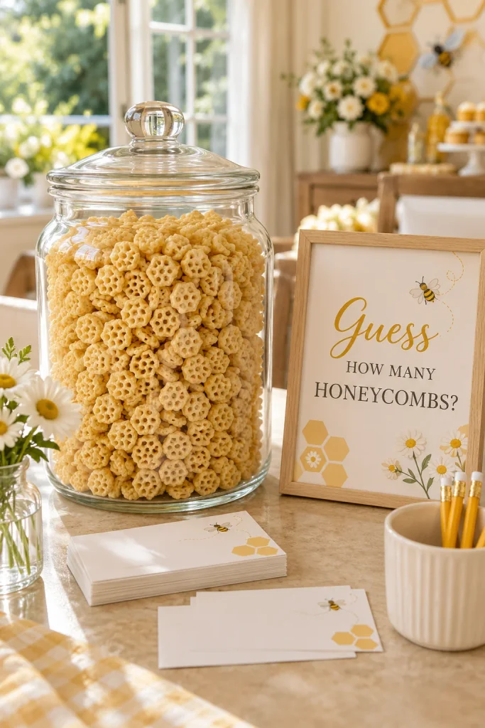 Guessing jar filled with honeycomb cereal next to guess slips for a party game