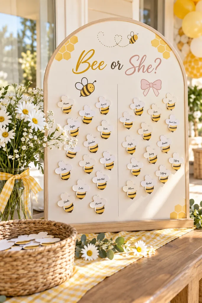 Prediction board with bee-shaped guess cards for a gender reveal party