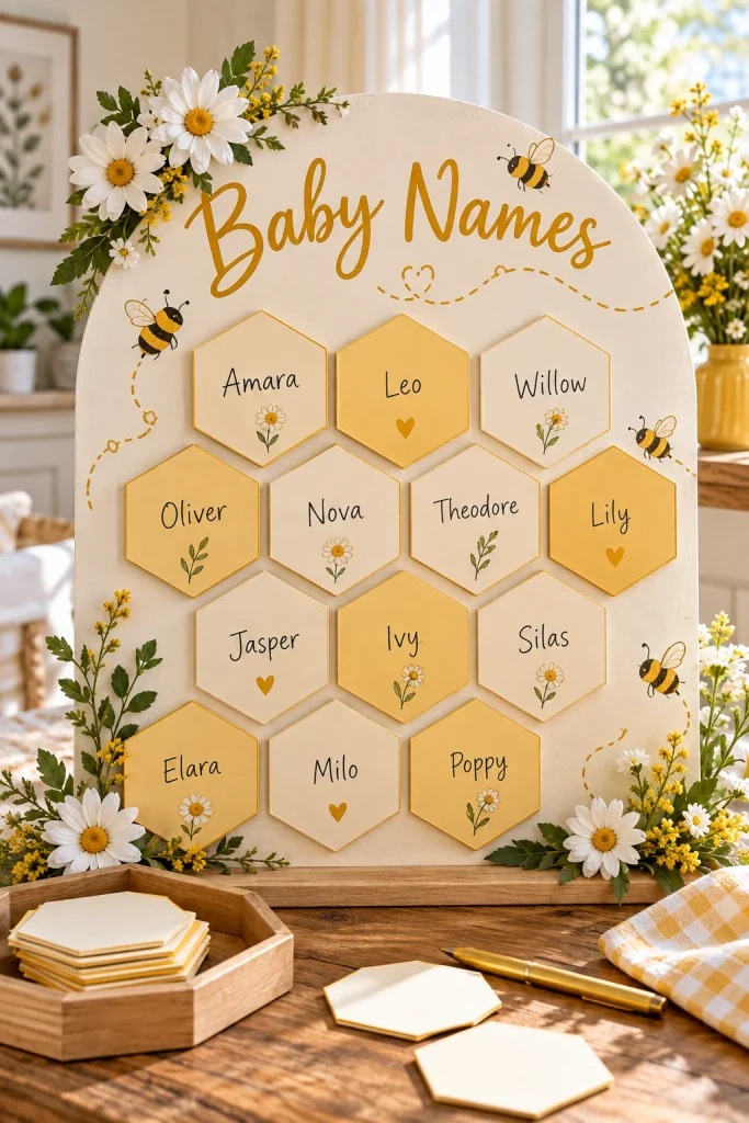 Honeycomb-shaped paper board with guest baby name suggestions