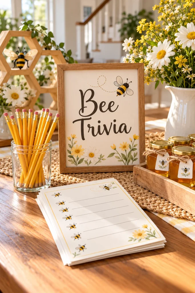 Printed bee trivia quiz cards for a gender reveal party game