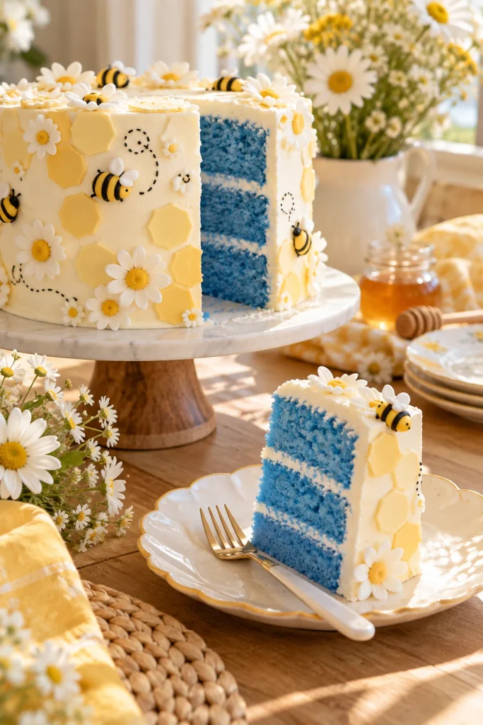 Guests gathered around a bee-themed cake as it is cut to reveal the gender
