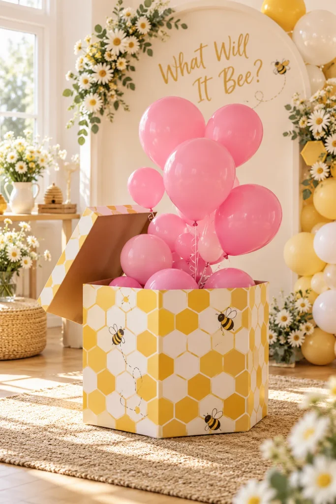 Large hexagon-patterned gift box opened to reveal colored balloons inside