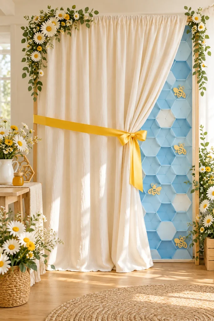 Bee-shaped piñata filled with candy and colored tissue paper for the reveal