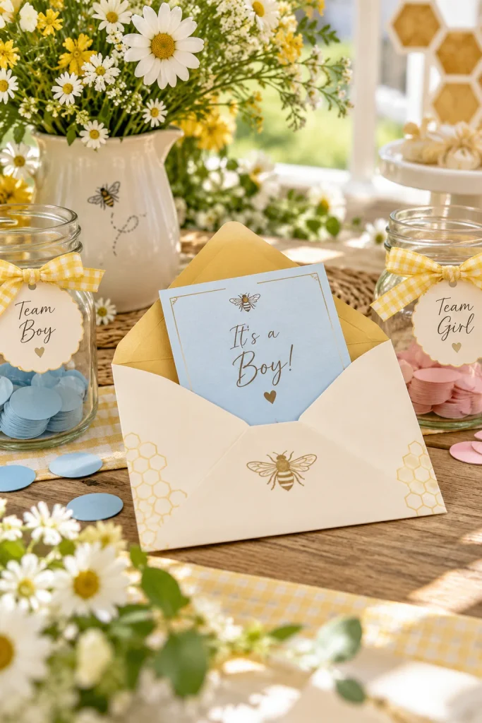 Sealed envelope with the gender reveal answer placed on the prediction table
