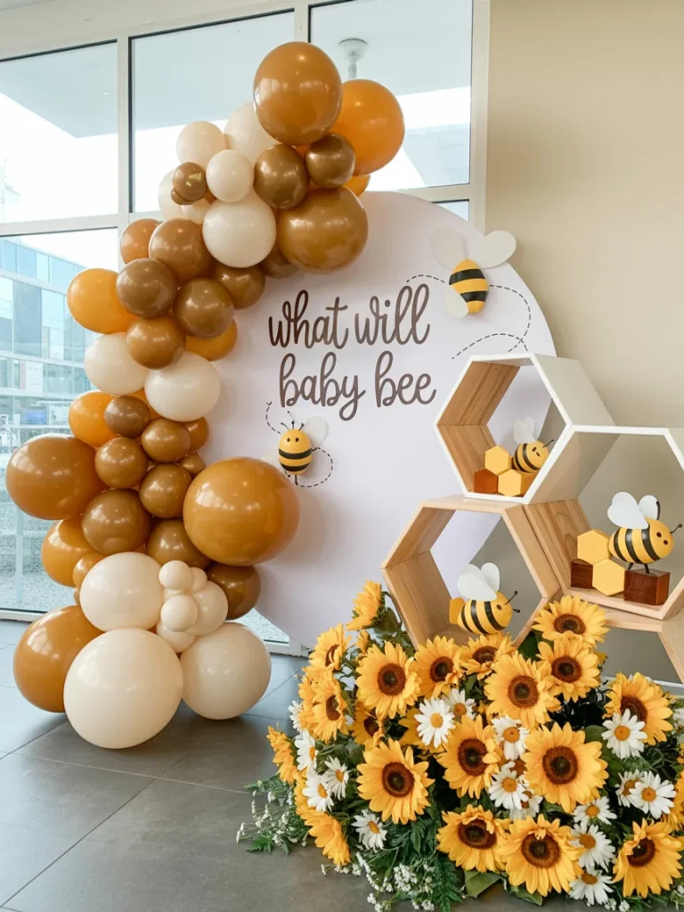 What Will It Bee balloon arch in gold, cream, and black for a gender reveal party