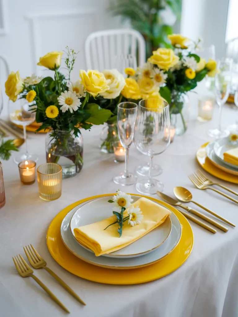 Elegant bee-themed tablescape with yellow napkins, gold accents, and honey-inspired décor