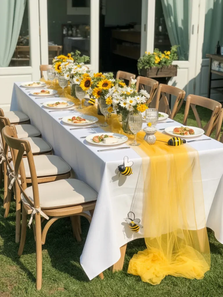 Bee-themed gender reveal table decorated with yellow flowers, honey accents, and elegant place settings