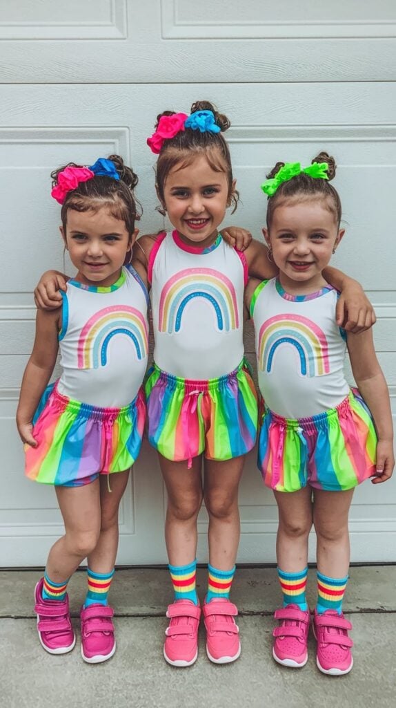 Three girls in matching neon rainbow-striped outfits, perfect for glowing under black light