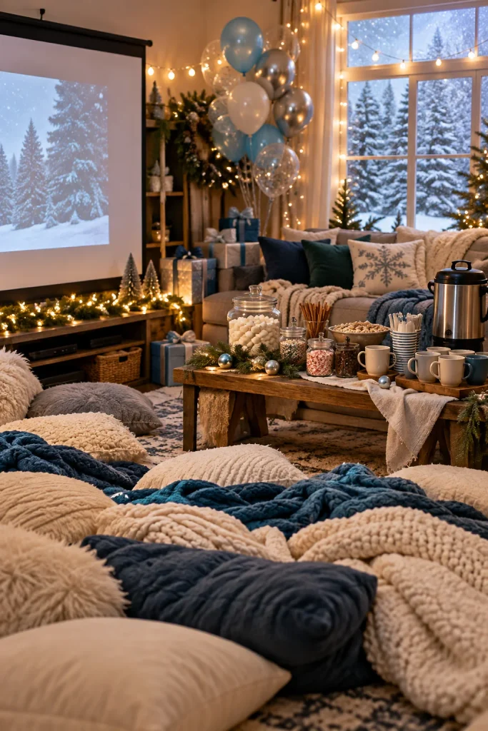 Hot cocoa bar with toppings and blankets for a cozy teen movie night
