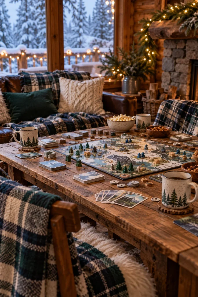 Board game night table with flannel throws and warm lighting