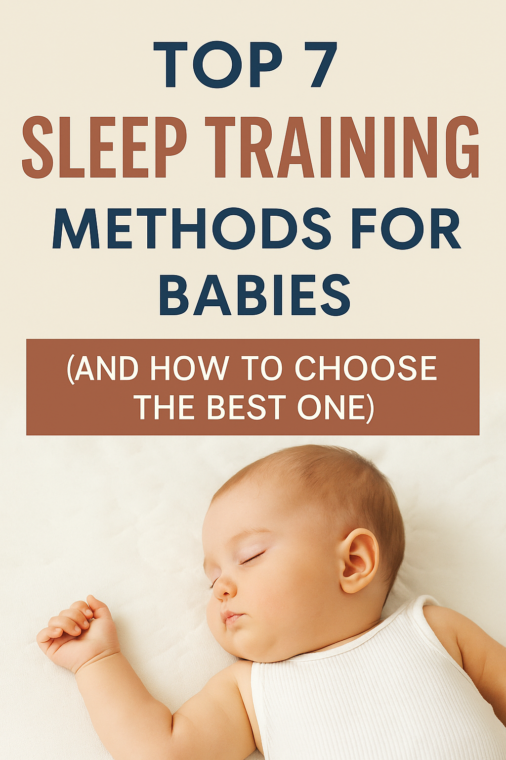 A soft-toned Pinterest pin featuring the title “Top 7 Sleep Training Methods for Babies (And How to Choose the Best One)” in bold, clear fonts. The design includes a peaceful image of a sleeping baby in a white onesie on a neutral background, creating a calm and reassuring aesthetic for parents researching effective sleep training methods for babies.
