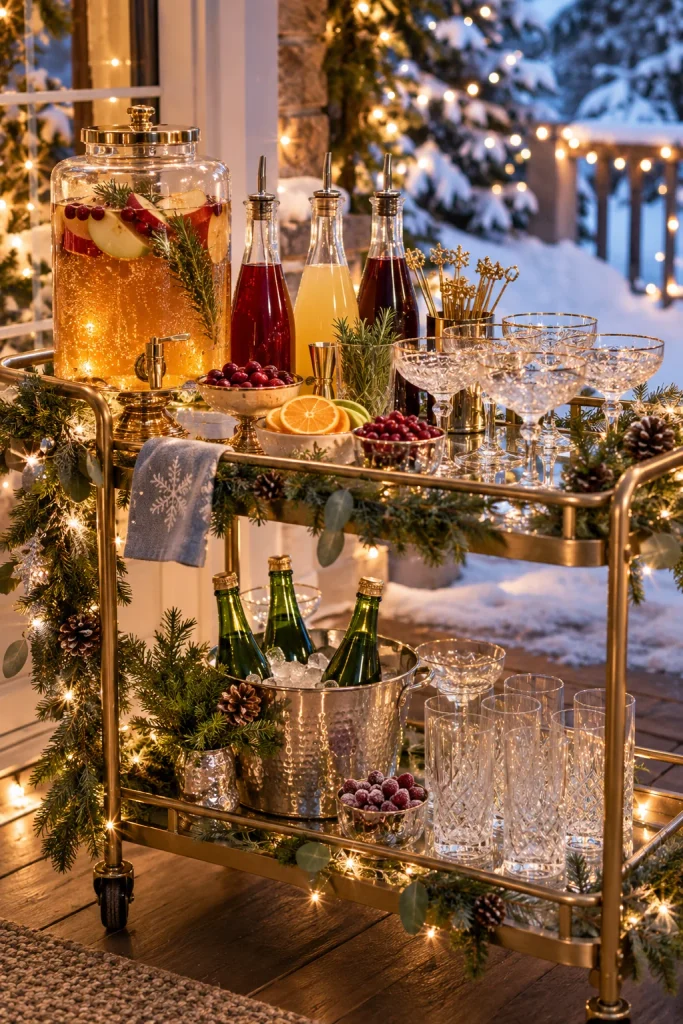 Mocktail bar cart with sparkling cider and fancy glassware