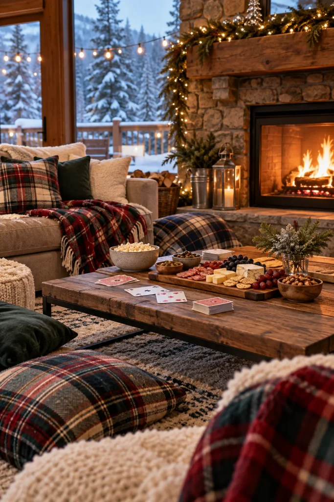 Teens in flannel gathered by the fireplace for a cozy hangout