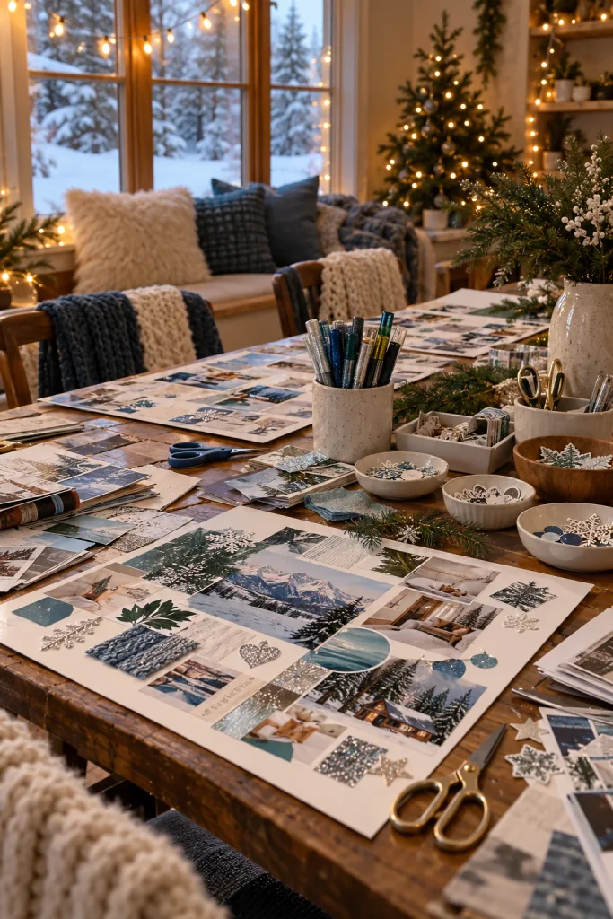 Vision board craft table with magazines and glitter pens