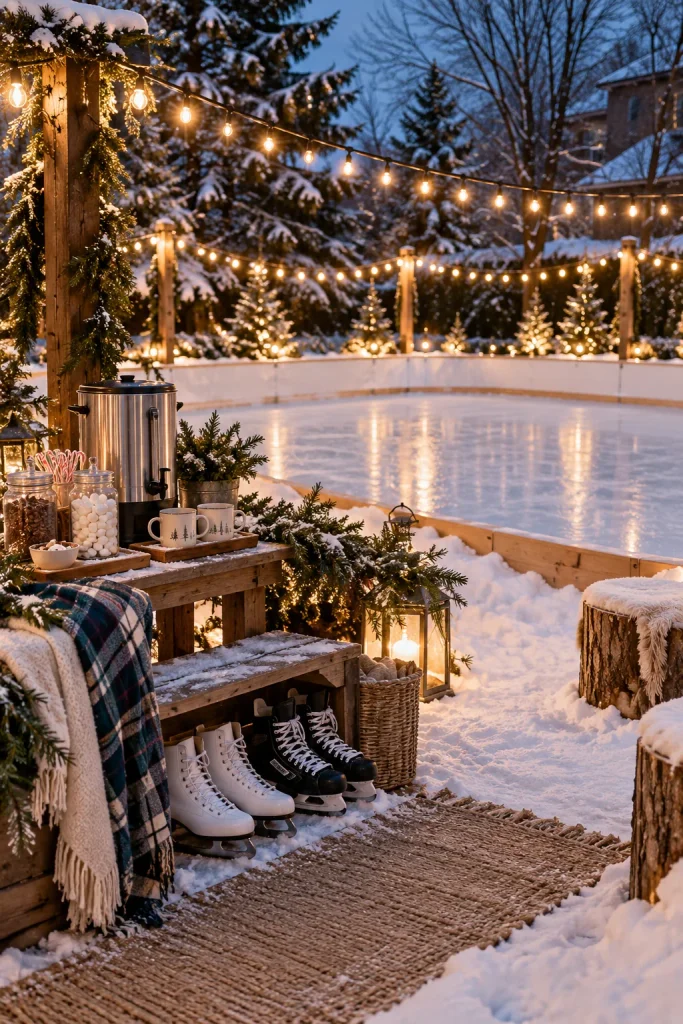 Backyard ice skating rink lit with string lights at night
