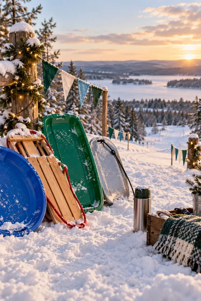 Teens sledding down a snowy hill together