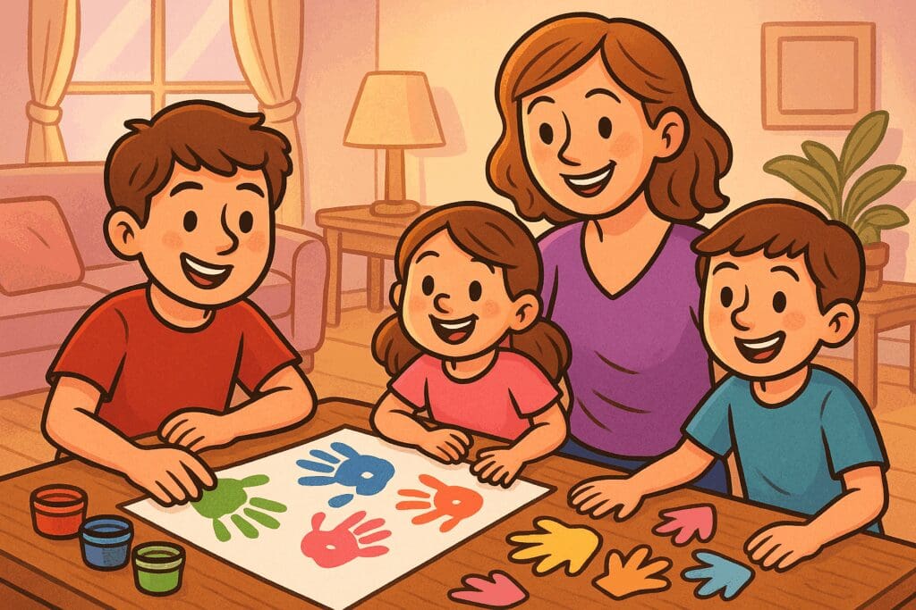 Cartoon-style illustration of a mom and three kids joyfully doing handprint crafts together — how to raise resilient kids.